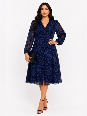 Nanette Lepore Sheer Chiffon Blue & Black Specked Print Midi Dress Size 14